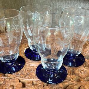 VTG Louis Weston Cobalt Blue Base Etched Fluted Low Wine Glasses Water Goblets 4